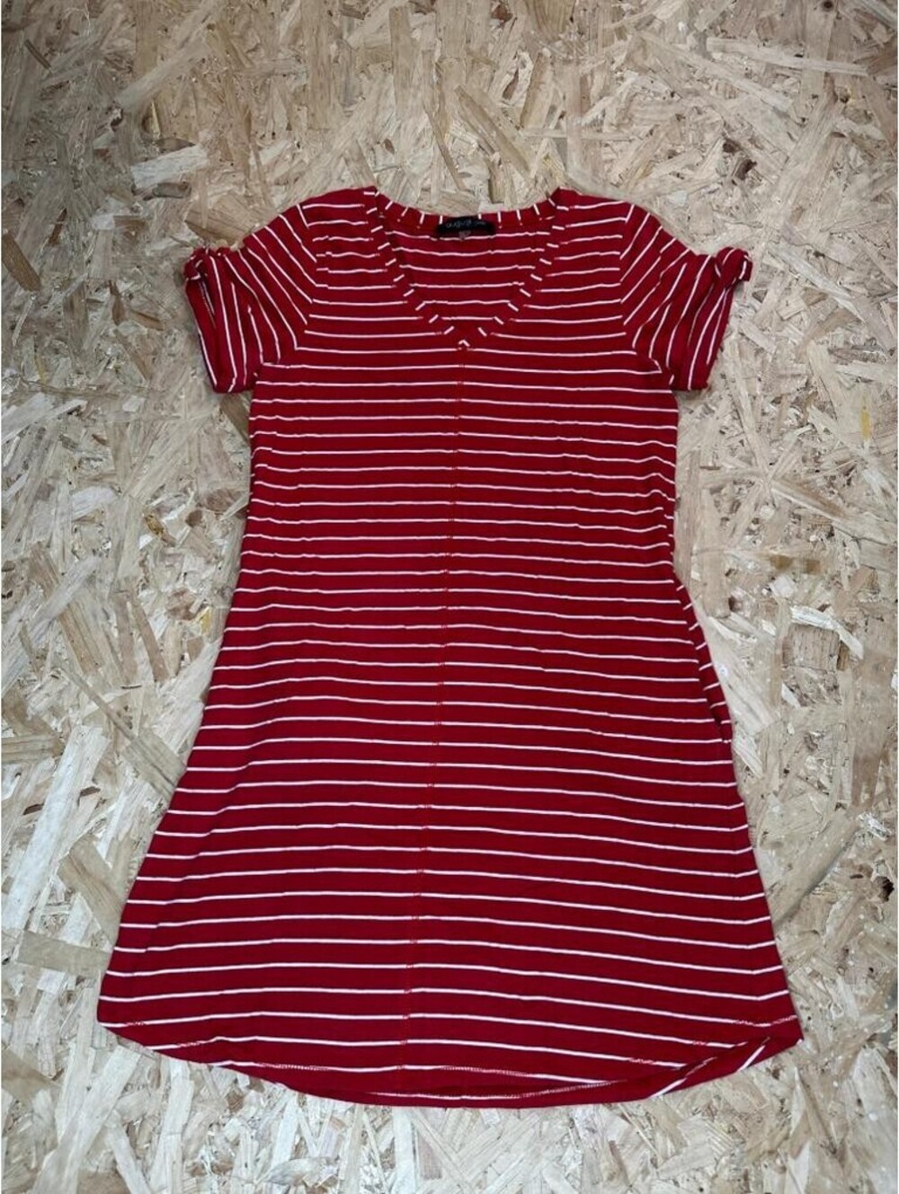 August Silk Dress Womens Small Red White Striped V-Neck Short Sleeve Casual Mini